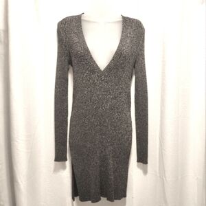 Intermix Mckenna Dark Gray Marled Long Sleeve V Neck Knit Mini Dress Size S